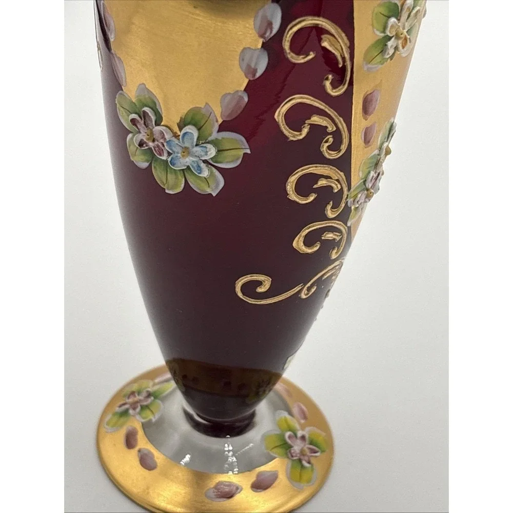 Seyei Japan Ruby Red Cranberry Glass Vase - 24K Gold Gilt & Enamel Flowers